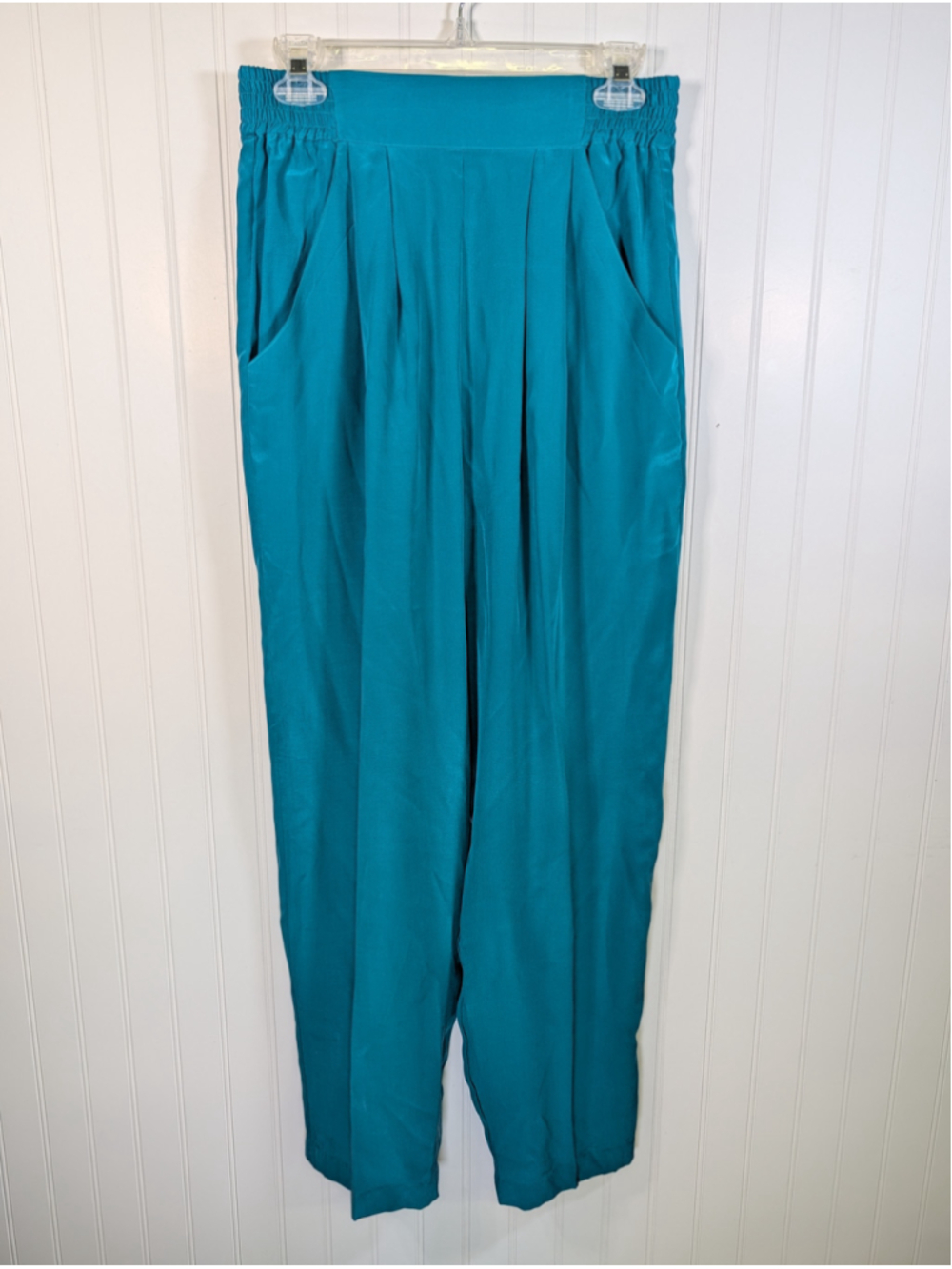 Vintage 90s St Angelina 100% Silk Trousers Teal Pleated Pants Medium High Rise